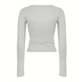 Solid Color Casual T-Shirt, Crew Neck Long Sleeves Slight Stretch Sports Tee, Women's Tops