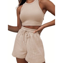 2 Pieces Casual Sports Suit, Solid Rib-knitting Outdoor Set, Crew Neck Sleeveless Crop Top & Drawstring Shorts, Women's Clothing