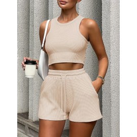 2 Pieces Casual Sports Suit, Solid Rib-knitting Outdoor Set, Crew Neck Sleeveless Crop Top & Drawstring Shorts, Women's Clothing