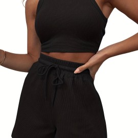 2 Pieces Casual Sports Suit, Solid Rib-knitting Outdoor Set, Crew Neck Sleeveless Crop Top & Drawstring Shorts, Women's Clothing