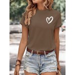 Heart Pattern Versatile T-Shirt, Round Neck Short Sleeves Stretchy Casual Tee, Valentine's Day Women's Tops