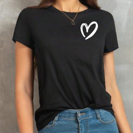 Heart Pattern Versatile T-Shirt, Round Neck Short Sleeves Stretchy Casual Tee, Valentine's Day Women's Tops