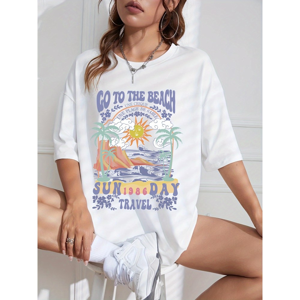 Y2K American Retro Casual Short-sleeved T-shirt, Coconut Tree Print Loose Drop Shoulder Tops, Women's Activewear