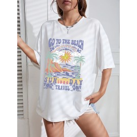 Y2K American Retro Casual Short-sleeved T-shirt, Coconut Tree Print Loose Drop Shoulder Tops, Women's Activewear