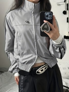 American Street Retro Stand Collar Sports Jacket, Fashion Zipper Casual Jacket, Women's Clothing