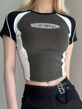 Color Contrast Stitching Letter Printing Sports T-shirts, Summer Fashion Y2k Crew Neck Short Sleeves, Women's Tops