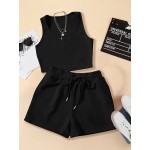 2pcs Casual Sports Set, Crew Neck Sports Tank Top & Elastic Waist Running Shorts Suit, Women's Activewear