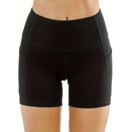 Yoga Sports Shorts With Pocket, Wide Waistband Workout Biker Shorts, Women's Activewear