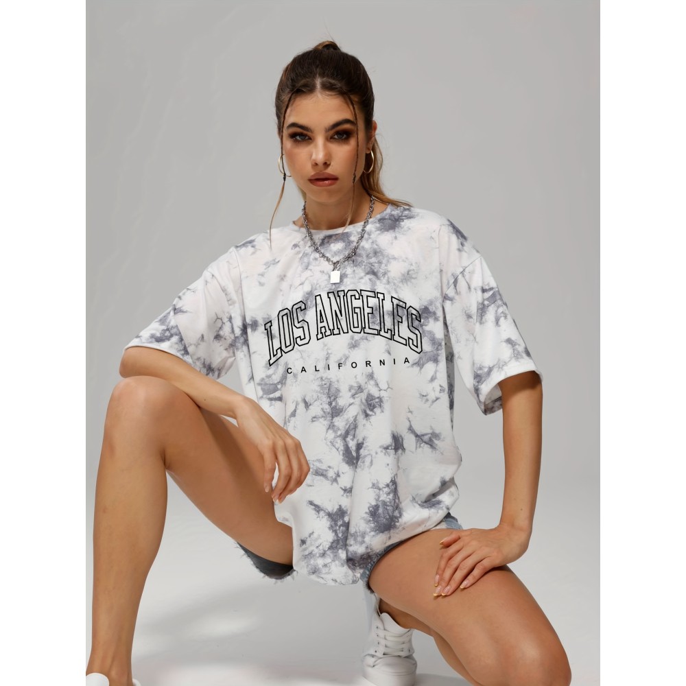 Tie Dye & Letter Graphic Tee, Casual Loose Crew Neck T-shirts, Women's Clothing