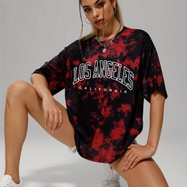 Tie Dye & Letter Graphic Tee, Casual Loose Crew Neck T-shirts, Women's Clothing