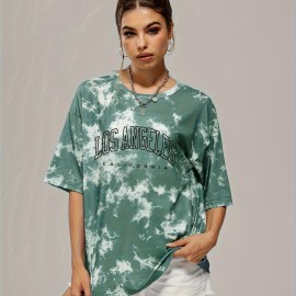 Tie Dye & Letter Graphic Tee, Casual Loose Crew Neck T-shirts, Women's Clothing