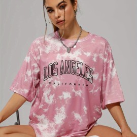 Tie Dye & Letter Graphic Tee, Casual Loose Crew Neck T-shirts, Women's Clothing