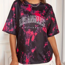 Tie Dye & Letter Graphic Tee, Casual Loose Crew Neck T-shirts, Women's Clothing