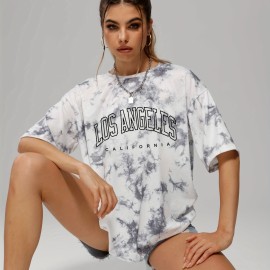 Tie Dye & Letter Graphic Tee, Casual Loose Crew Neck T-shirts, Women's Clothing