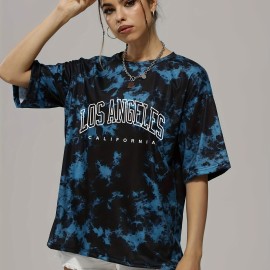 Tie Dye & Letter Graphic Tee, Casual Loose Crew Neck T-shirts, Women's Clothing