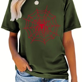 Spider & Web Print Versatile T-Shirt, Round Neck Short Sleeves Stretchy Casual Tee, Halloween Women's Sports Top