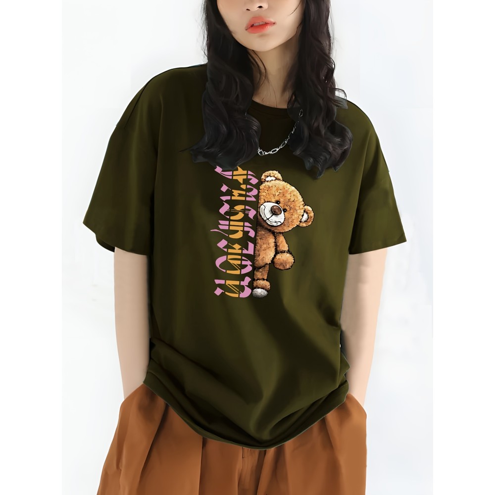 Fashion Letter & Bear Print Sports Top, Casual Crew Neck Short Sleeve Street T-shirt, Women's Clothing