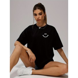 Smiling Face Print T-Shirt, Fashion Casual Crew Neck Short Sleeve Sport T-Shirt, Casual Daily Tops, Women's Clothing