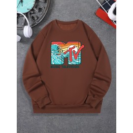 Music Television Print Fashionable Men's Casual Long Sleeve Crew Neck Pullover Sweatshirt,Suitable For Outdoor Sports,For Autumn Spring,Can Be Paired With Hip-hop Necklace,As Gifts