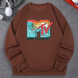 Music Television Print Fashionable Men's Casual Long Sleeve Crew Neck Pullover Sweatshirt,Suitable For Outdoor Sports,For Autumn Spring,Can Be Paired With Hip-hop Necklace,As Gifts