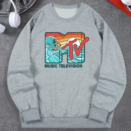 Music Television Print Fashionable Men's Casual Long Sleeve Crew Neck Pullover Sweatshirt,Suitable For Outdoor Sports,For Autumn Spring,Can Be Paired With Hip-hop Necklace,As Gifts