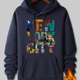 New York City Print Men's Pullover Round Neck Long Sleeve HOODED Sweatshirt Pattern Loose Casual Top For Autumn Winter Men's Clothing As Gifts