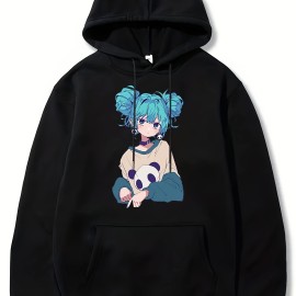 Anime Girl Pattern Hoodie With Kangaroo Pocket, Men's Casual Stretch Pullover Hooded Sweatshirt