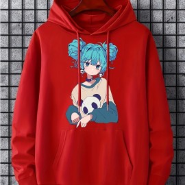 Anime Girl Pattern Hoodie With Kangaroo Pocket, Men's Casual Stretch Pullover Hooded Sweatshirt