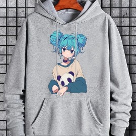 Anime Girl Pattern Hoodie With Kangaroo Pocket, Men's Casual Stretch Pullover Hooded Sweatshirt