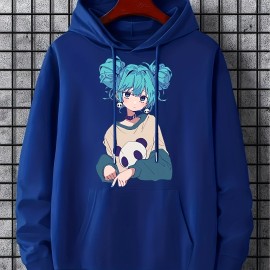 Anime Girl Pattern Hoodie With Kangaroo Pocket, Men's Casual Stretch Pullover Hooded Sweatshirt