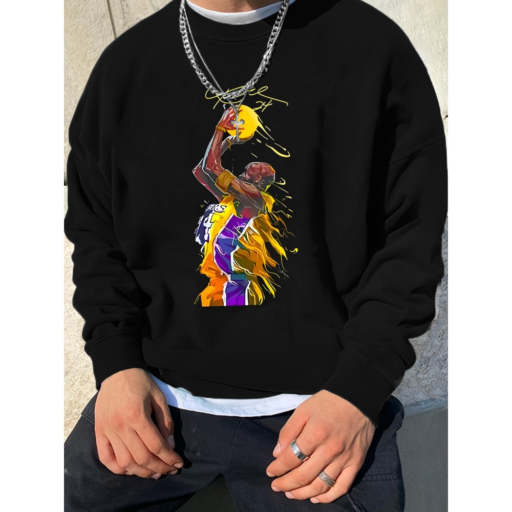 Fashionable Men's Casual Basketball Player Pattern Print,Long Sleeve Round Neck Pullover Sweatshirt,Suitable For Outdoor Sports,For Autumn And Winter,Can Be Paired With Hip-hop Necklace,As Gifts