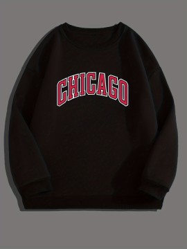 CHICAGO Print Fashionable Men's Casual Long Sleeve Crew Neck Pullover Sweatshirt, Suitable For Outdoor Sports, For Autumn Spring, Can Be Paired With Necklace, As Gifts