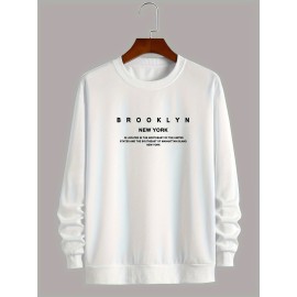 BROOKLYN NEW YORK Print Fashionable Men's Casual Long Sleeve Crew Neck Pullover Sweatshirt,Suitable For Outdoor Sports,For Autumn Spring,Can Be Paired With Hip-hop Necklace,As Gifts