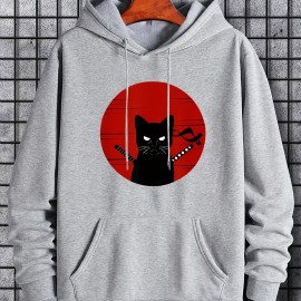 Ninja Cat Print Hoodie, Cool Hoodies For Men, Men's Casual Graphic Design Pullover Hooded Sweatshirt With Kangaroo Pocket Streetwear For Winter Fall, As Gifts