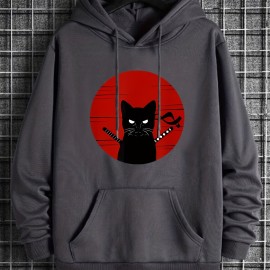 Ninja Cat Print Hoodie, Cool Hoodies For Men, Men's Casual Graphic Design Pullover Hooded Sweatshirt With Kangaroo Pocket Streetwear For Winter Fall, As Gifts