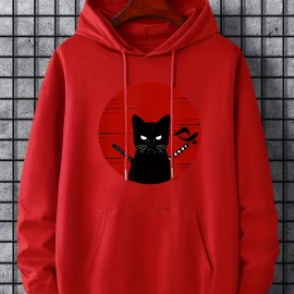 Ninja Cat Print Hoodie, Cool Hoodies For Men, Men's Casual Graphic Design Pullover Hooded Sweatshirt With Kangaroo Pocket Streetwear For Winter Fall, As Gifts