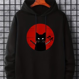 Ninja Cat Print Hoodie, Cool Hoodies For Men, Men's Casual Graphic Design Pullover Hooded Sweatshirt With Kangaroo Pocket Streetwear For Winter Fall, As Gifts