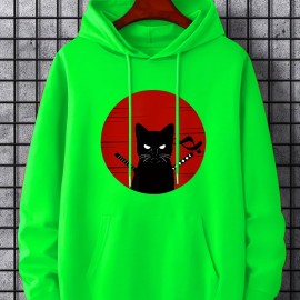 Ninja Cat Print Hoodie, Cool Hoodies For Men, Men's Casual Graphic Design Pullover Hooded Sweatshirt With Kangaroo Pocket Streetwear For Winter Fall, As Gifts