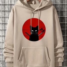 Ninja Cat Print Hoodie, Cool Hoodies For Men, Men's Casual Graphic Design Pullover Hooded Sweatshirt With Kangaroo Pocket Streetwear For Winter Fall, As Gifts