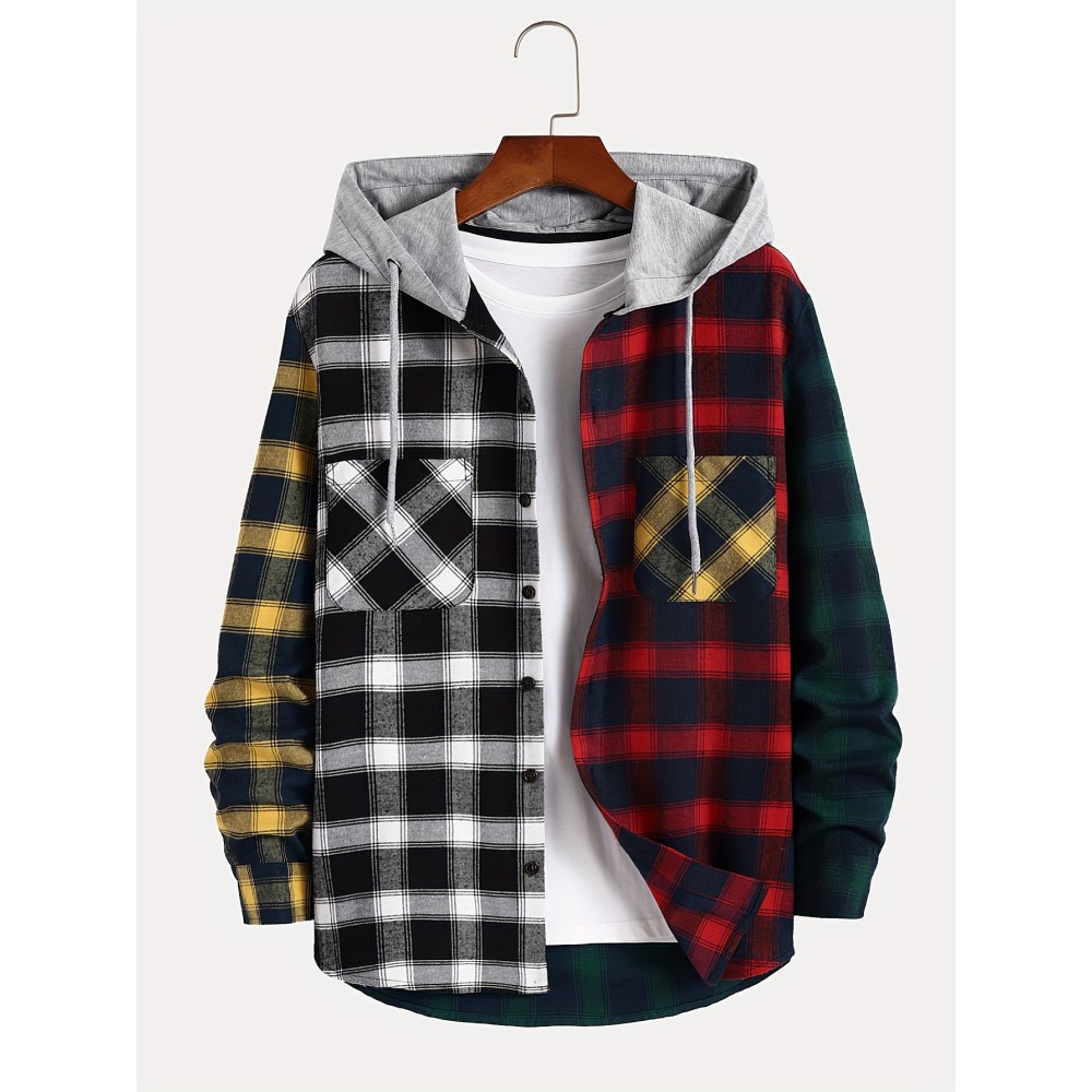 Men's Trendy Color Block Checkered Hooded Sweatshirt Casual Long Sleeve Hoodies With Button Gym Sports Hooded Jacket