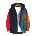 Men's color block corduroy Hooded Sweatshirt Casual Long Sleeve Hoodies With Button Gym Sports Hooded Jacket