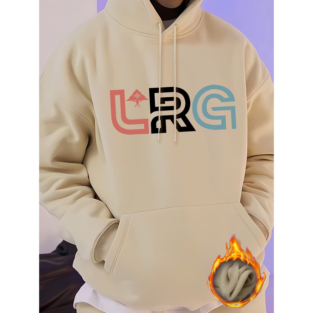 LRG Print Kangaroo Pocket Hoodie, Casual Long Sleeve Hoodies Pullover Sweatshirt, Men's Clothing, For Fall Winter