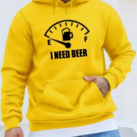 I NEED BEER Print Kangaroo Pocket Fleece Sweatshirt Hoodie Pullover, Fashion Street Style Long Sleeve Sports Tops, Graphic Pullover Shirts For Men Autumn Winter Gifts