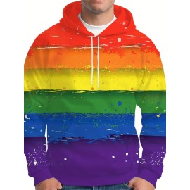 New Popular LGBT Rainbow Flag Pattern Print，Men's Long Sleeve Hoodies Street Casual Sports And Fashionable With Kangaroo Pocket Sweatshirt, Suitable For Outdoor Sports，For Autumn And Sp