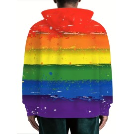 New Popular LGBT Rainbow Flag Pattern Print，Men's Long Sleeve Hoodies Street Casual Sports And Fashionable With Kangaroo Pocket Sweatshirt, Suitable For Outdoor Sports，For Autumn And Sp