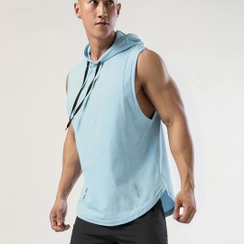 Men's Sleeveless Drawstring Hooded Vest With Reflective Patterns  Activewear Tank Top For Gym Workout