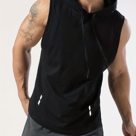 Men's Sleeveless Drawstring Hooded Vest With Reflective Patterns  Activewear Tank Top For Gym Workout