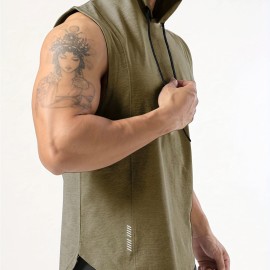 Men's Sleeveless Drawstring Hooded Vest With Reflective Patterns  Activewear Tank Top For Gym Workout