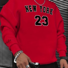 NEW YORK 23 Print Fashionable Men's Casual Long Sleeve Crew Neck Pullover Sweatshirt,Suitable For Outdoor Sports,For Autumn Spring,Can Be Paired With Hip-hop Necklace,As Gifts