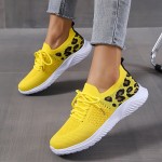 Women's Casual Sneakers, Flying Woven Leopard Pattern Breathable Lace-up Running Shoes, Women's Footwear